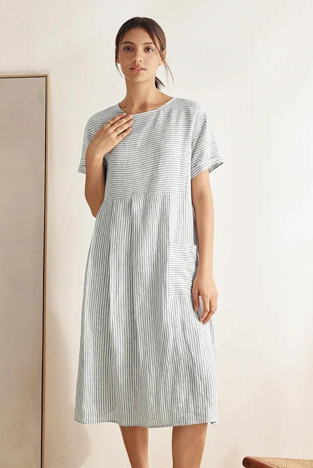 MORGAN 100% Linen Pinstripe Paneled Short-Sleeved Dress - Blue Stripe / S - DRESSES-Linen Midi