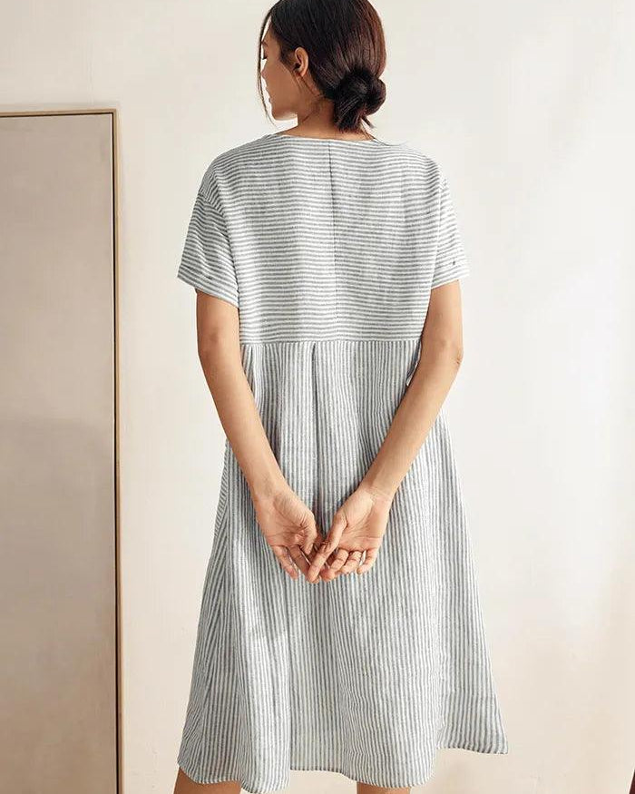MORGAN 100% Linen Pinstripe Paneled Short-Sleeved Dress - DRESSES-Linen Midi