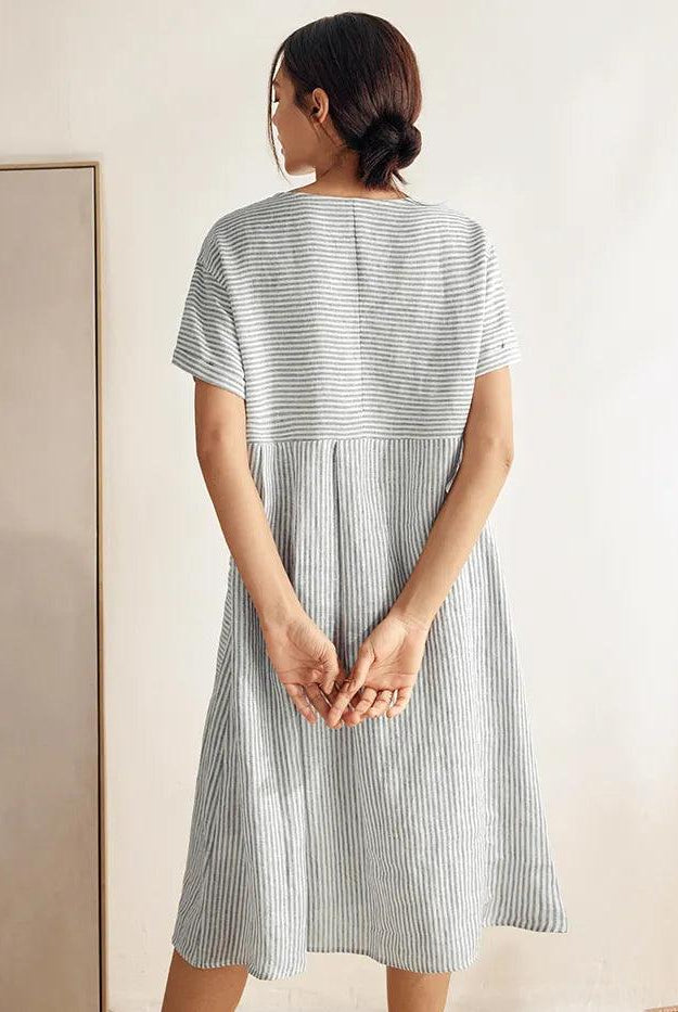 MORGAN 100% Linen Pinstripe Paneled Short-Sleeved Dress - DRESSES-Linen Midi