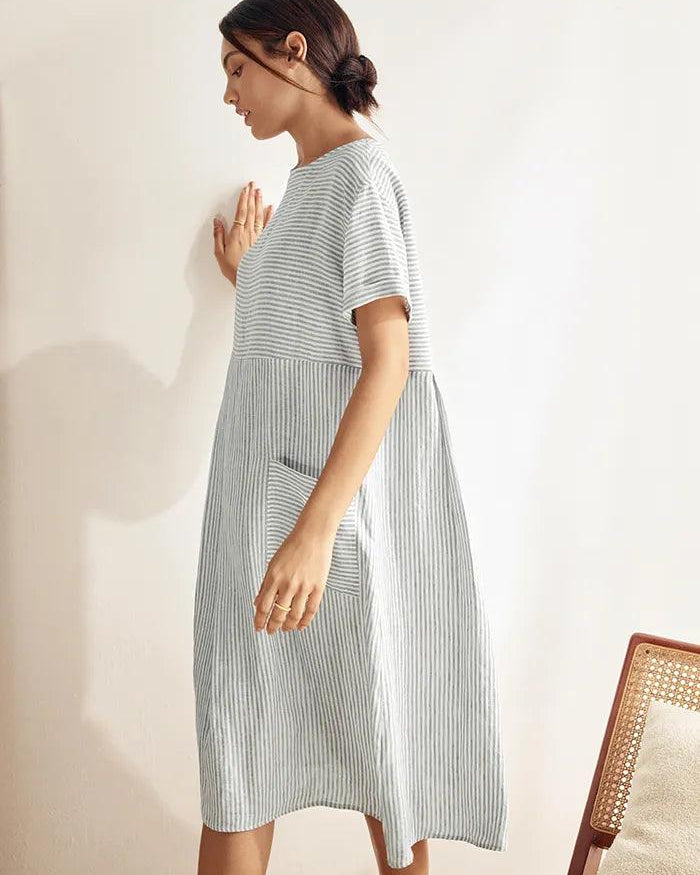 MORGAN 100% Linen Pinstripe Paneled Short-Sleeved Dress - DRESSES-Linen Midi