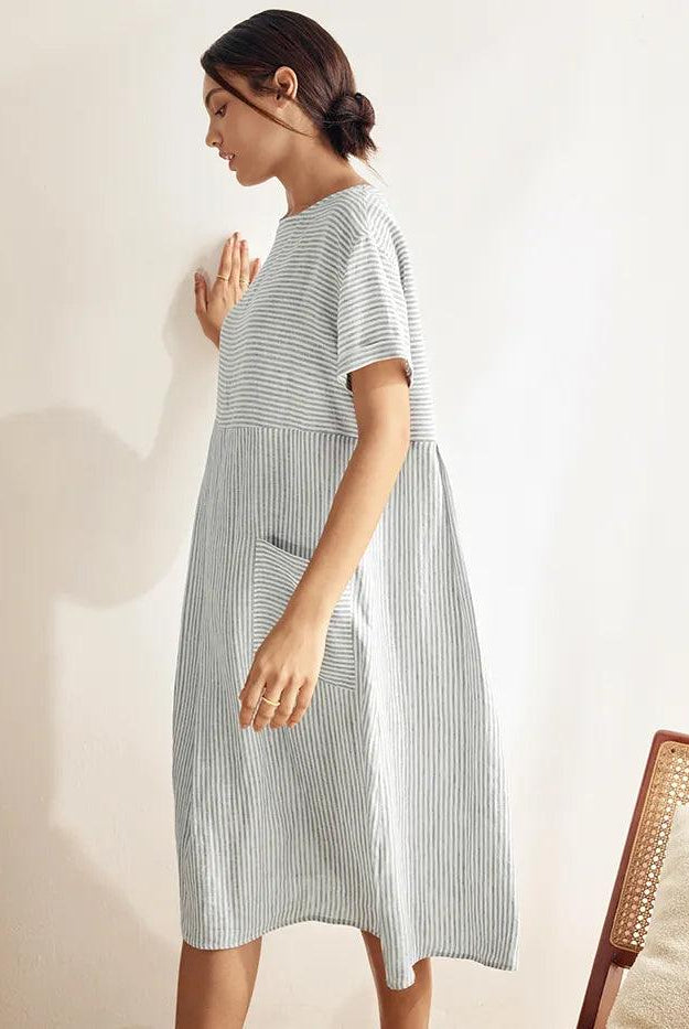 MORGAN 100% Linen Pinstripe Paneled Short-Sleeved Dress - DRESSES-Linen Midi