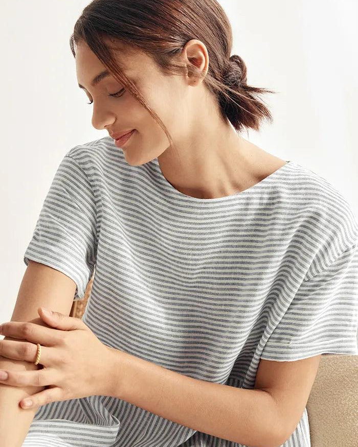 MORGAN 100% Linen Pinstripe Paneled Short-Sleeved Dress - DRESSES-Linen Midi