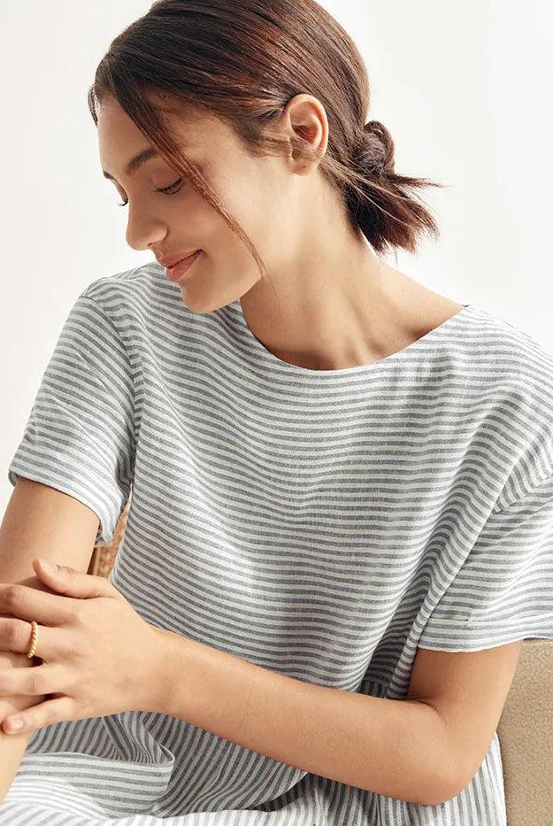 MORGAN 100% Linen Pinstripe Paneled Short-Sleeved Dress - DRESSES-Linen Midi