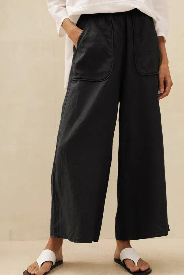 100% Linen Pocket Wide Leg Pants THALIA - Charcoal Black / S - BOTTOMS-Linen