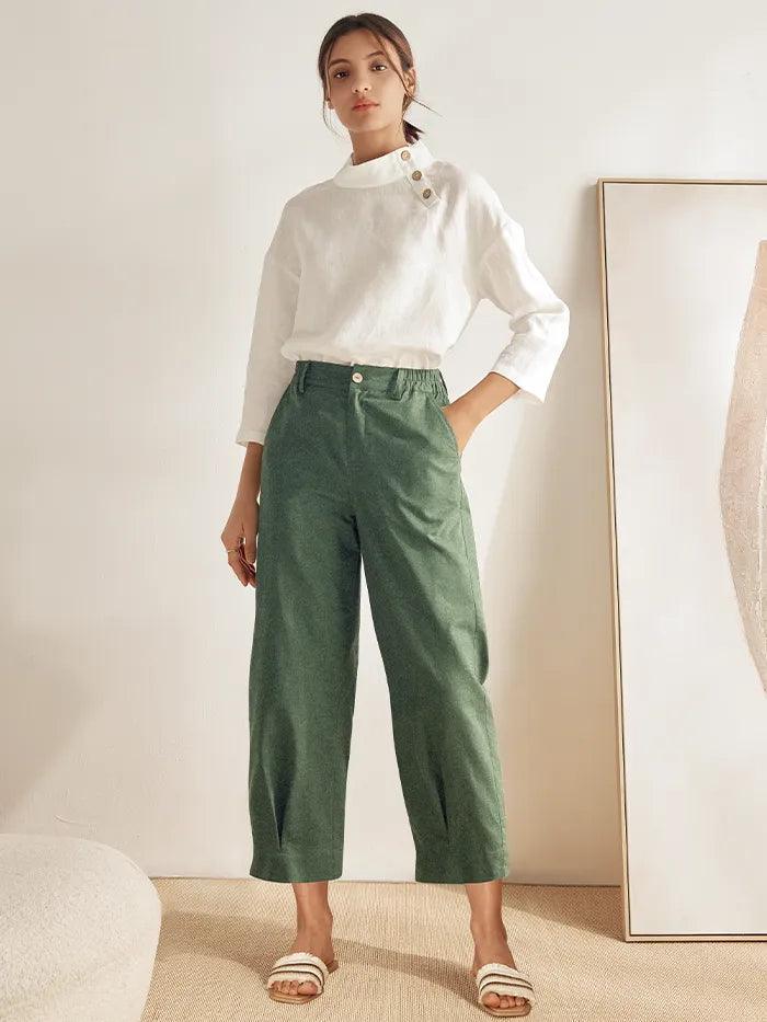 Linen Pocketed Straight-Leg Ankle Pants NINA - BOTTOMS-Linen