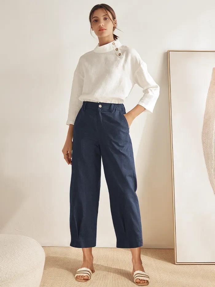 Pantalon cheville NINA en lin à jambe droite et poches - BAS-Lin