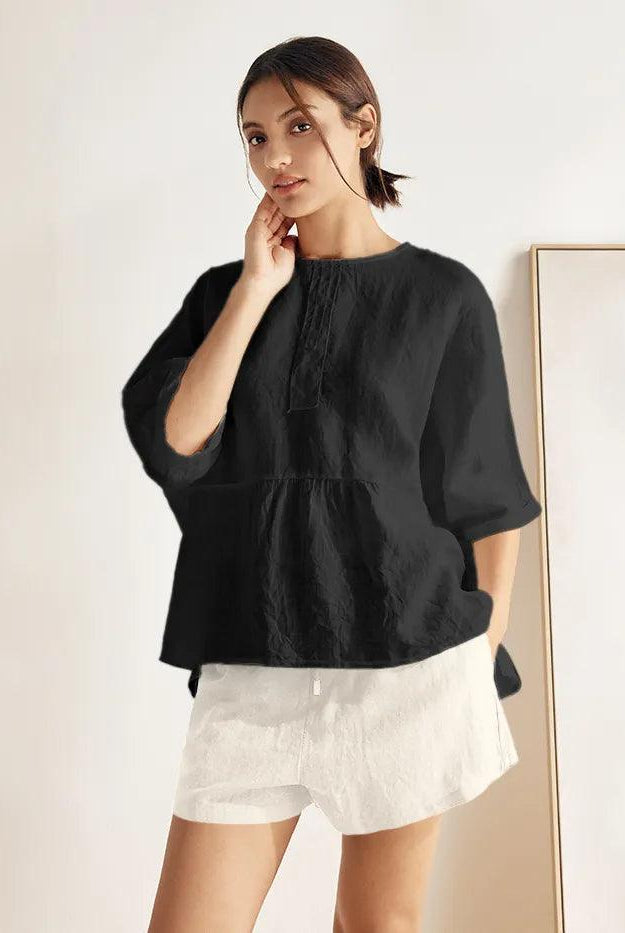 100% Linen Round Neck Mid-Sleeve Top ROBYN - Charcoal Black / S - TOPS-Linen Blouses