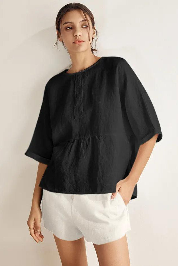 100% Linen Round Neck Mid-Sleeve Top ROBYN - TOPS-Linen Blouses