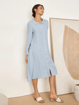 100% Linen Scoop Neck Half Placket Shirt Dress BELVA - DRESSES-Linen Midi