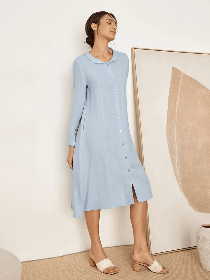 100% Linen Scoop Neck Half Placket Shirt Dress BELVA - DRESSES-Linen Midi