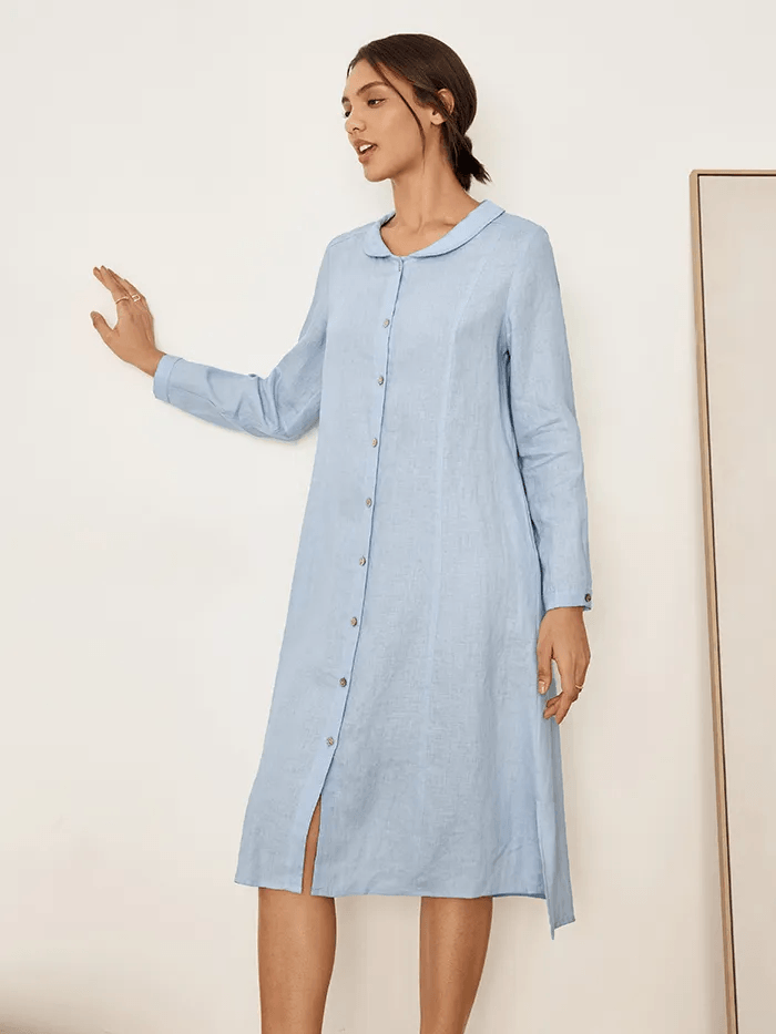 100% Linen Scoop Neck Half Placket Shirt Dress BELVA - Baby Blue / S - DRESSES-Linen Midi