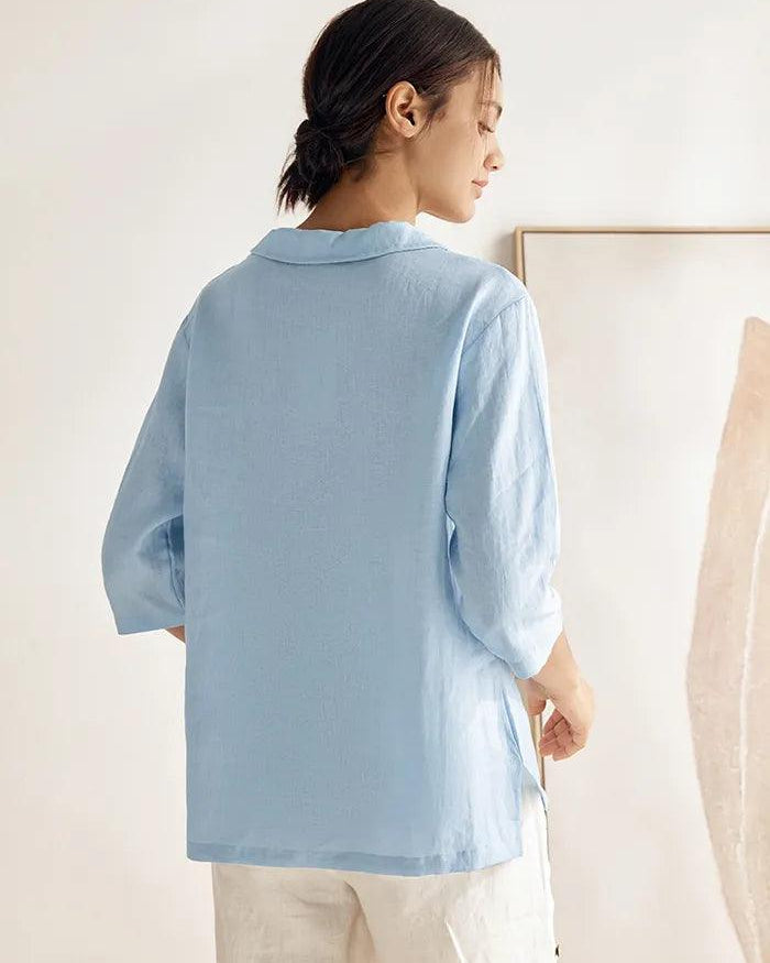 JADE 100% Linen Shawl V-Neck Half Sleeve Top - TOPS-Linen Blouses