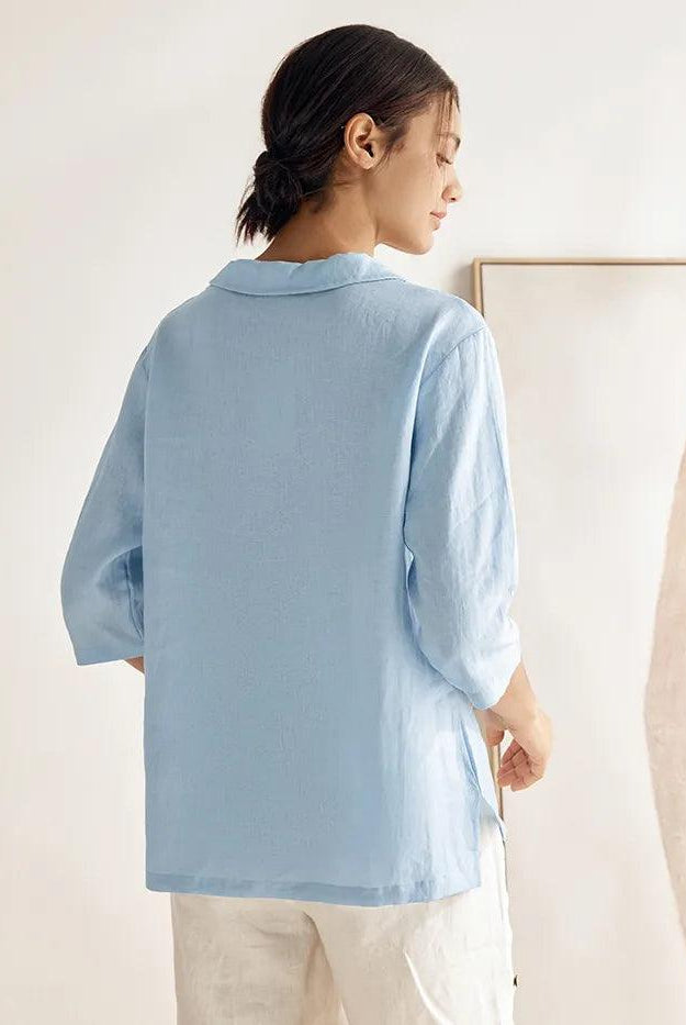 JADE 100% Linen Shawl V-Neck Half Sleeve Top - TOPS-Linen Blouses