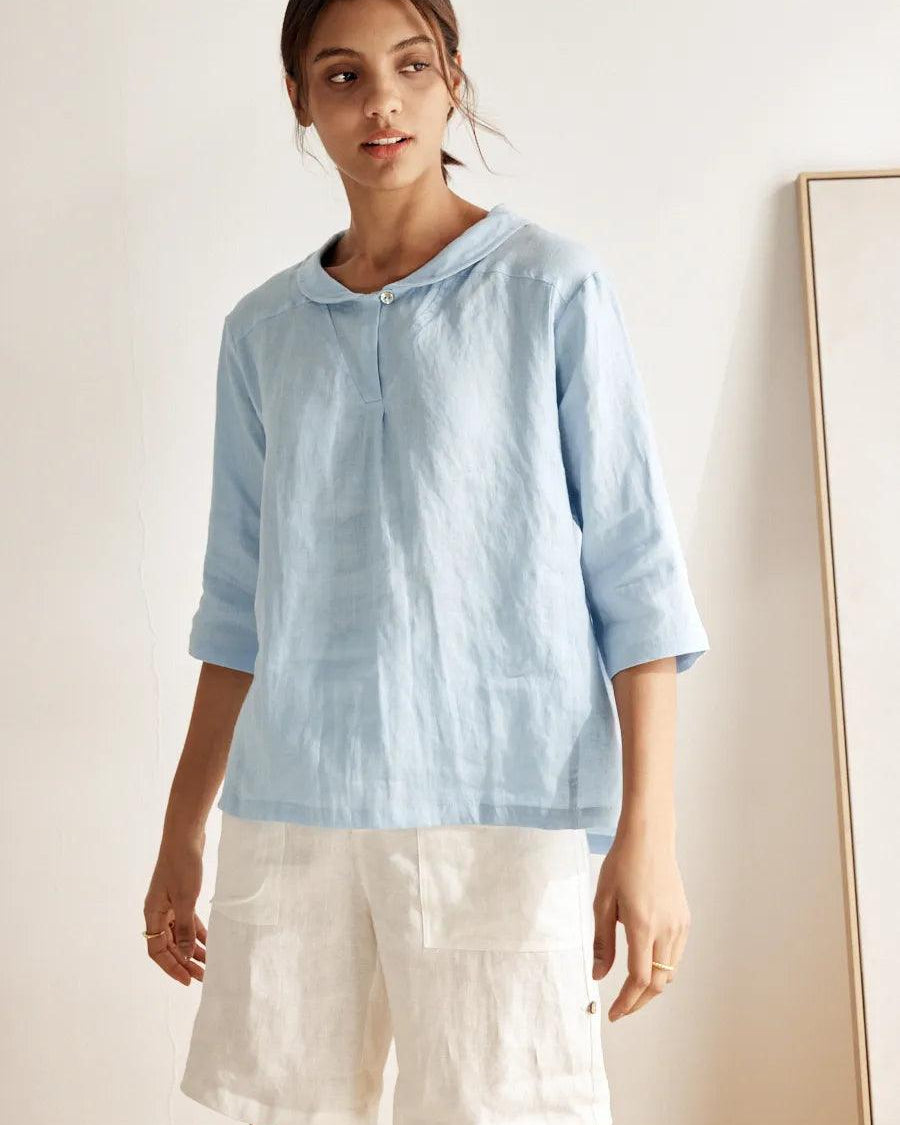 100% Linen Stripe Shawl V-Neck Half Sleeve Top - TOPS-Linen Blouses