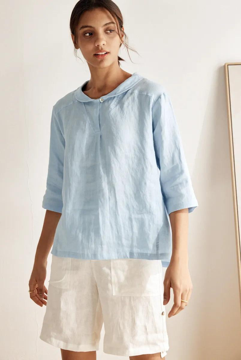 100% Linen Stripe Shawl V-Neck Half Sleeve Top - TOPS-Linen Blouses