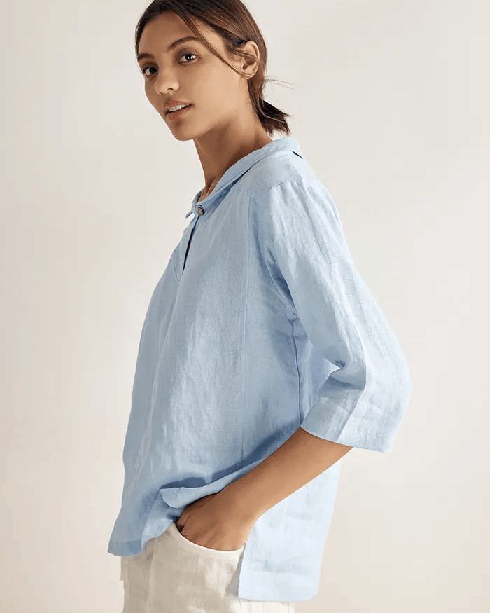 JADE 100% Linen Shawl V-Neck Half Sleeve Top - TOPS-Linen Blouses