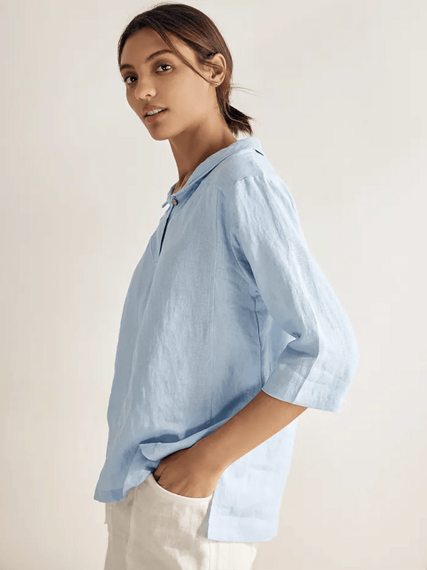 JADE 100% Linen Shawl V-Neck Half Sleeve Top - TOPS-Linen Blouses