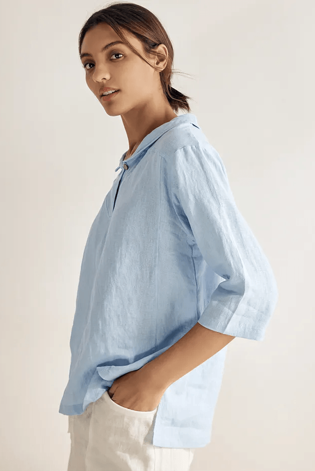 JADE 100% Linen Shawl V-Neck Half Sleeve Top - TOPS-Linen Blouses