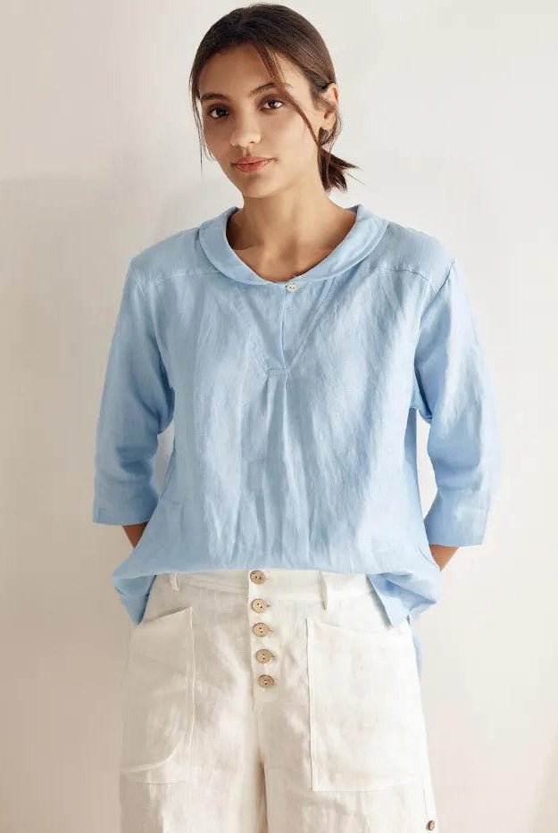 JADE 100% Linen Shawl V-Neck Half Sleeve Top - TOPS-Linen Blouses