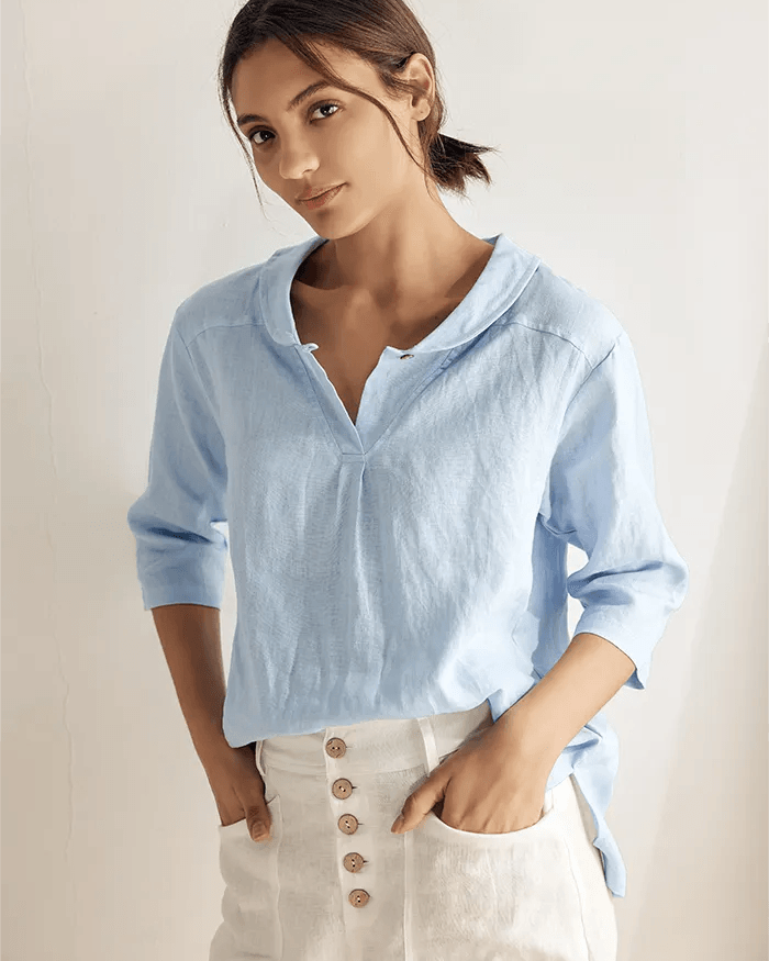 JADE 100% Linen Shawl V-Neck Half Sleeve Top - Baby Blue / XS - TOPS-Linen Blouses