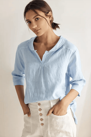 JADE 100% Linen Shawl V-Neck Half Sleeve Top - Baby Blue / XS - TOPS-Linen Blouses