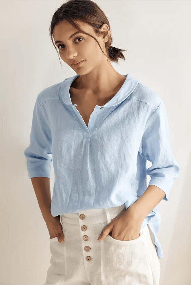 JADE 100% Linen Shawl V-Neck Half Sleeve Top - Baby Blue / S - TOPS-Linen Blouses