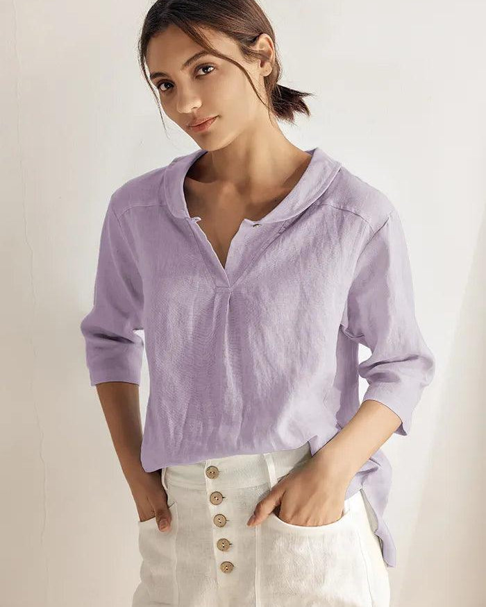 100% Linen Stripe Shawl V-Neck Half Sleeve Top - Lavender / S - TOPS-Linen Blouses