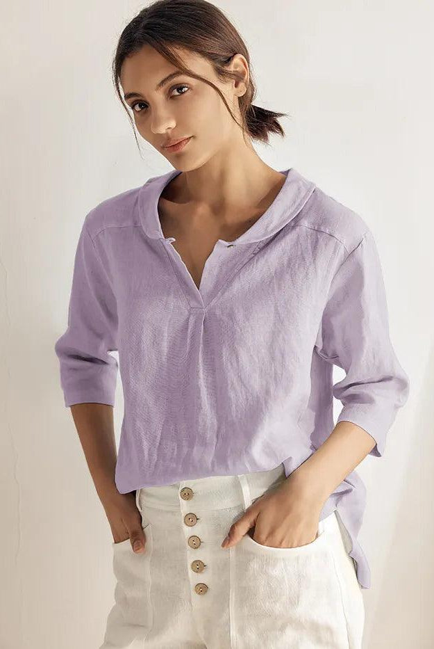 100% Linen Stripe Shawl V-Neck Half Sleeve Top - Lavender / S - TOPS-Linen Blouses