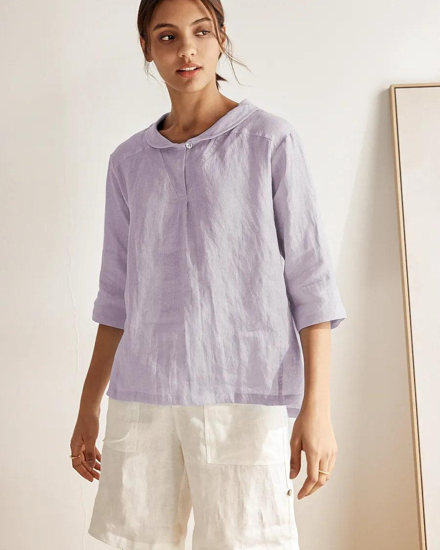 100% Linen Stripe Shawl V-Neck Half Sleeve Top - TOPS-Linen Blouses