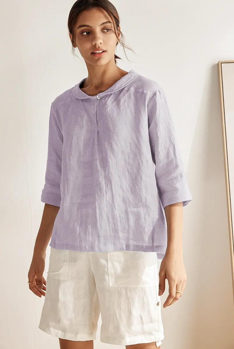 100% Linen Stripe Shawl V-Neck Half Sleeve Top - TOPS-Linen Blouses