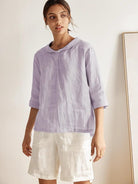 100% Linen Stripe Shawl V-Neck Half Sleeve Top - TOPS-Linen Blouses