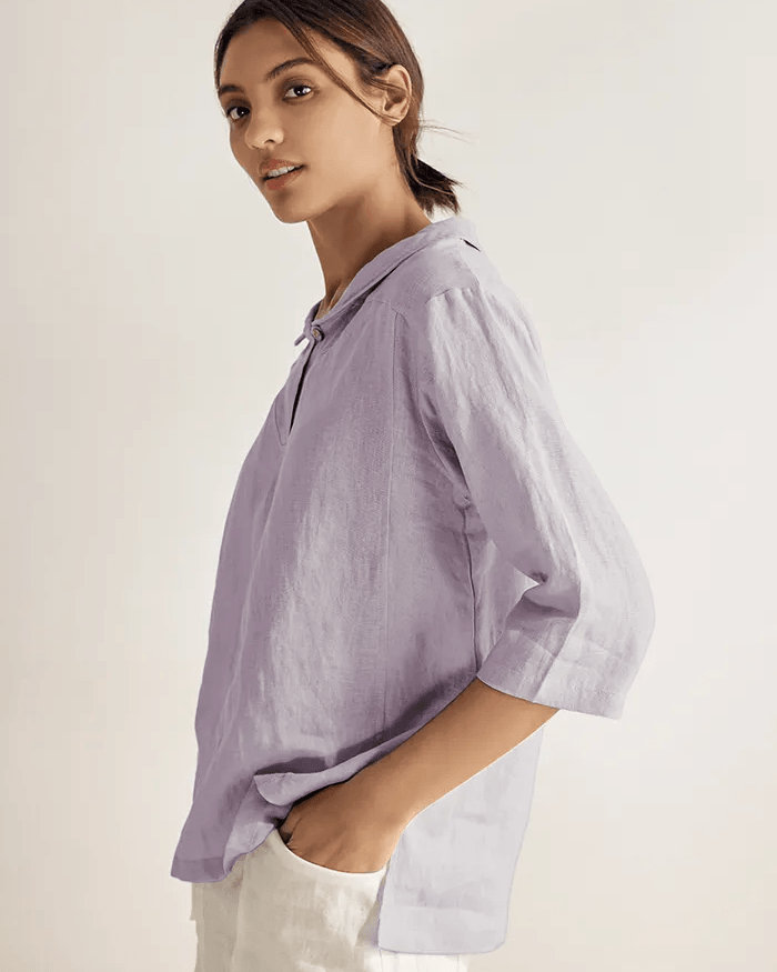 100% Linen Stripe Shawl V-Neck Half Sleeve Top - TOPS-Linen Blouses