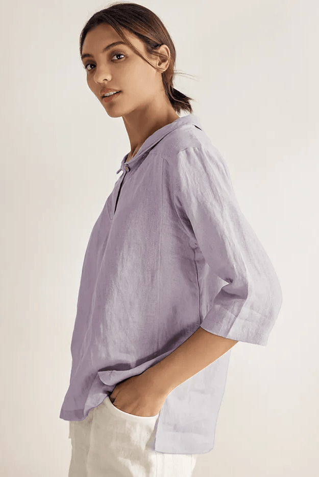 100% Linen Stripe Shawl V-Neck Half Sleeve Top - TOPS-Linen Blouses