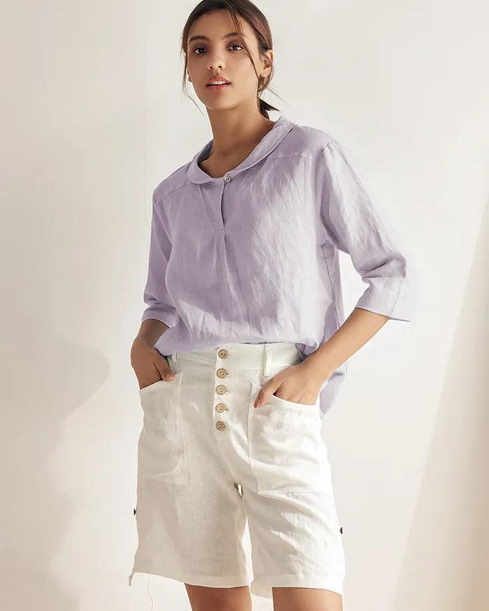 100% Linen Stripe Shawl V-Neck Half Sleeve Top - TOPS-Linen Blouses