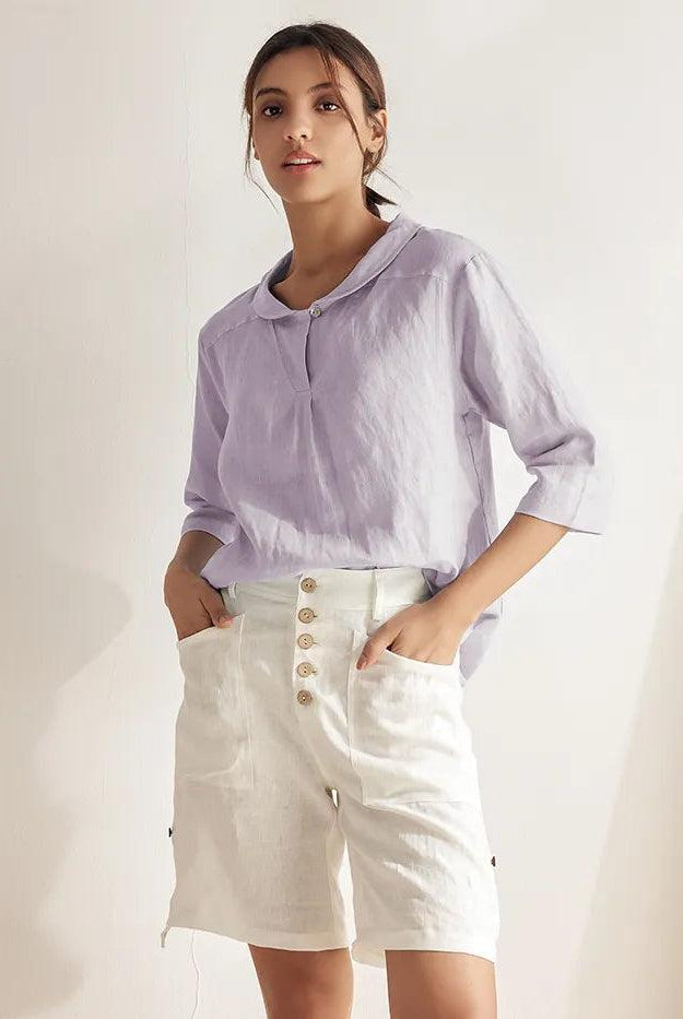 100% Linen Stripe Shawl V-Neck Half Sleeve Top - TOPS-Linen Blouses