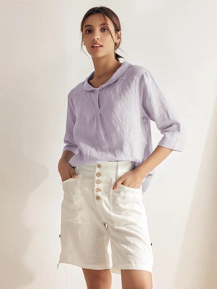 100% Linen Stripe Shawl V-Neck Half Sleeve Top - TOPS-Linen Blouses