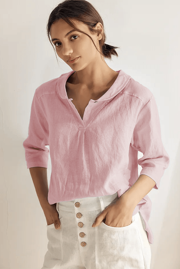 JADE 100% Linen Shawl V-Neck Half Sleeve Top - Pastel Pink / XS - TOPS-Linen Blouses