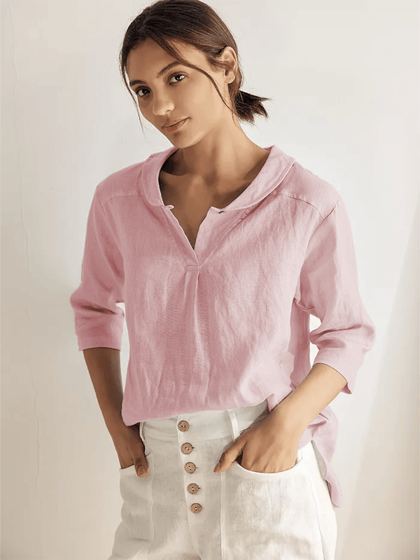 JADE 100% Linen Shawl V-Neck Half Sleeve Top - Pastel Pink / XS - TOPS-Linen Blouses
