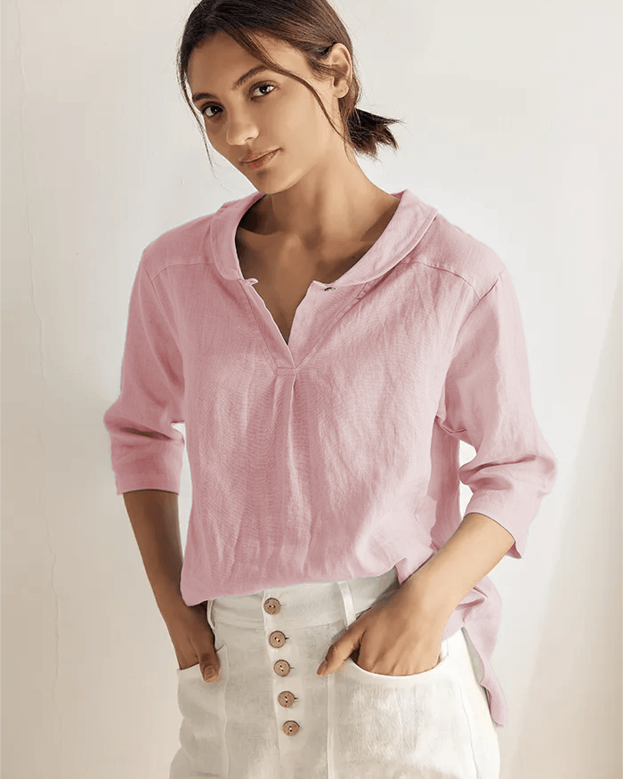 100% Linen Stripe Shawl V-Neck Half Sleeve Top - TOPS-Linen Blouses