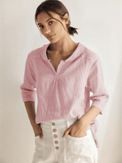 JADE 100% Linen Shawl V-Neck Half Sleeve Top - Pastel Pink / S - TOPS-Linen Blouses