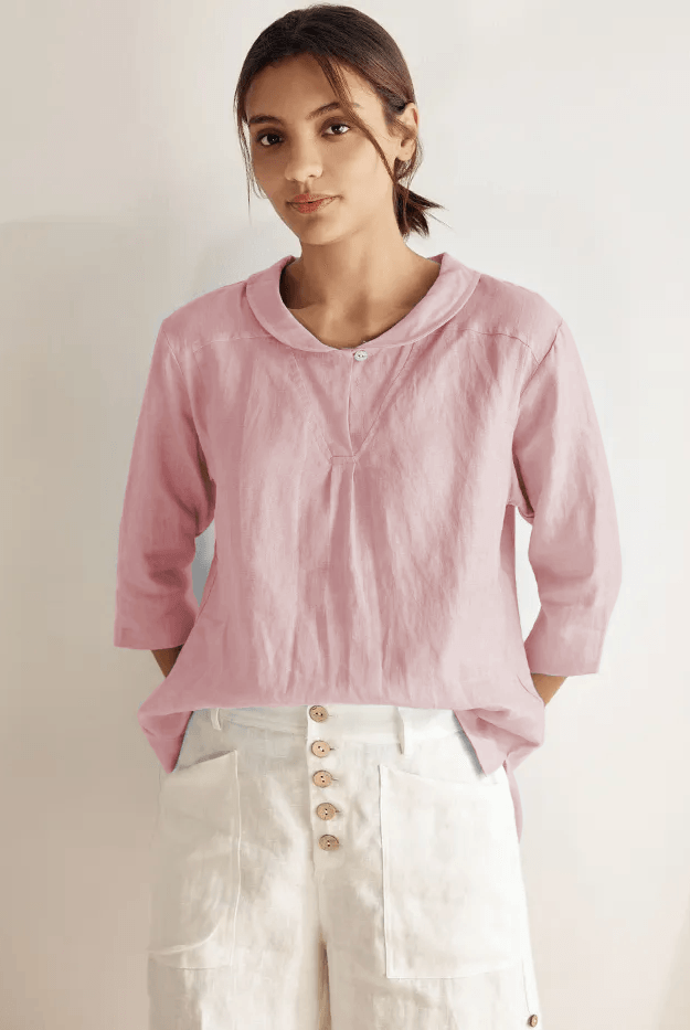 JADE 100% Linen Shawl V-Neck Half Sleeve Top - TOPS-Linen Blouses