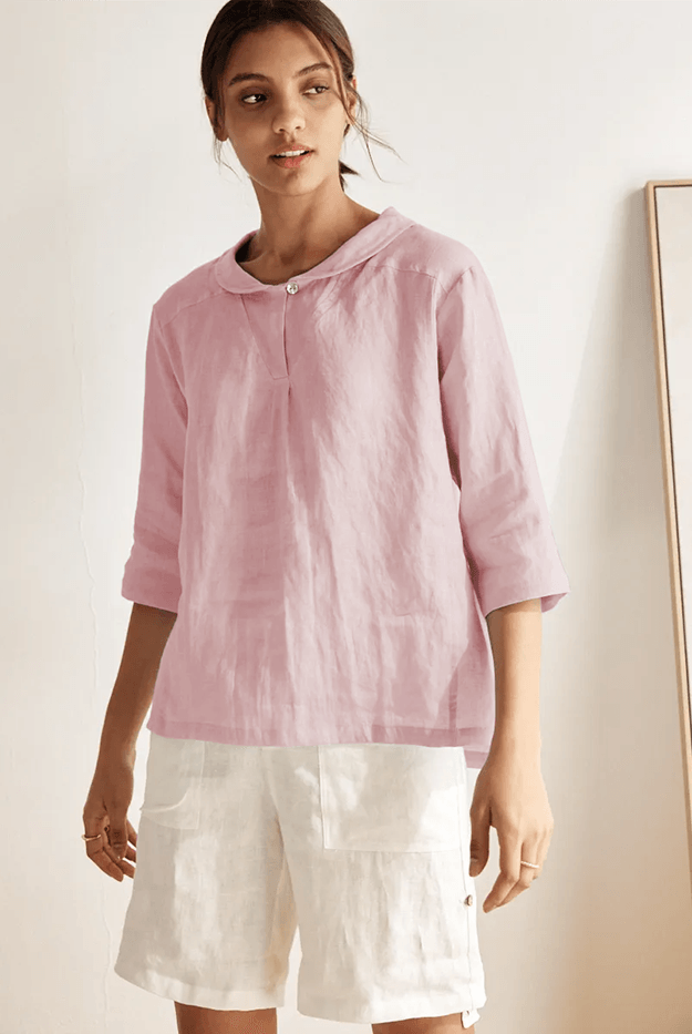 JADE 100% Linen Shawl V-Neck Half Sleeve Top - TOPS-Linen Blouses