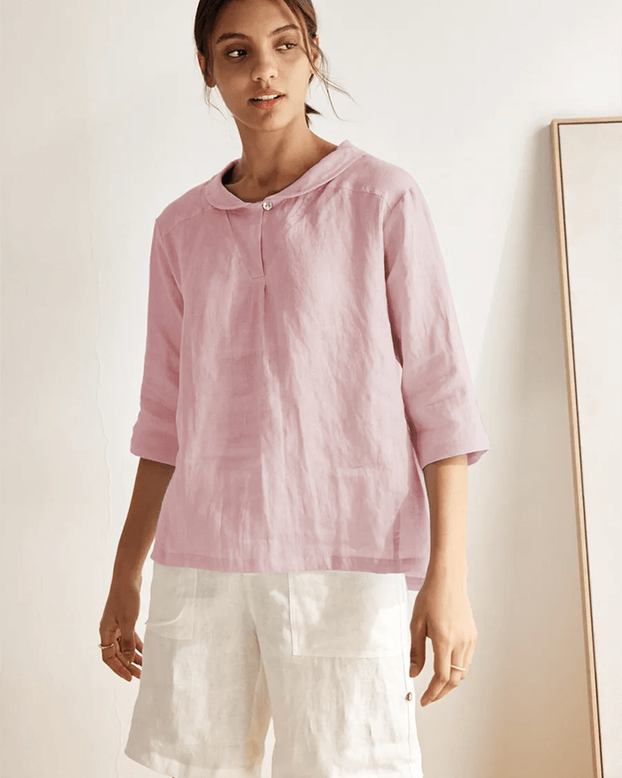 100% Linen Stripe Shawl V-Neck Half Sleeve Top - Pastel Pink / S - TOPS-Linen Blouses