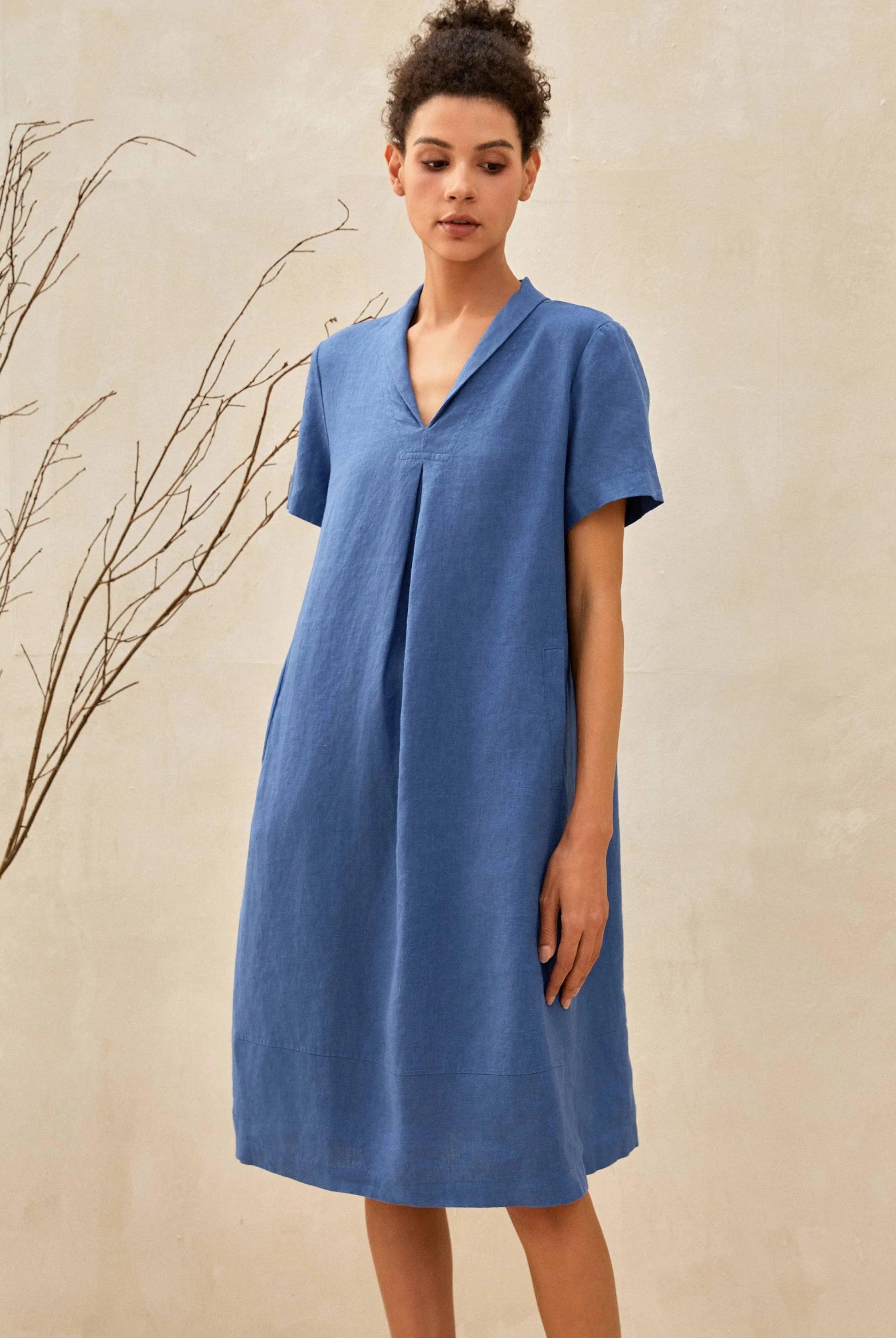 100% Linen Shawl V-Neck Midi Dress CLEO - DRESSES-Linen Mini