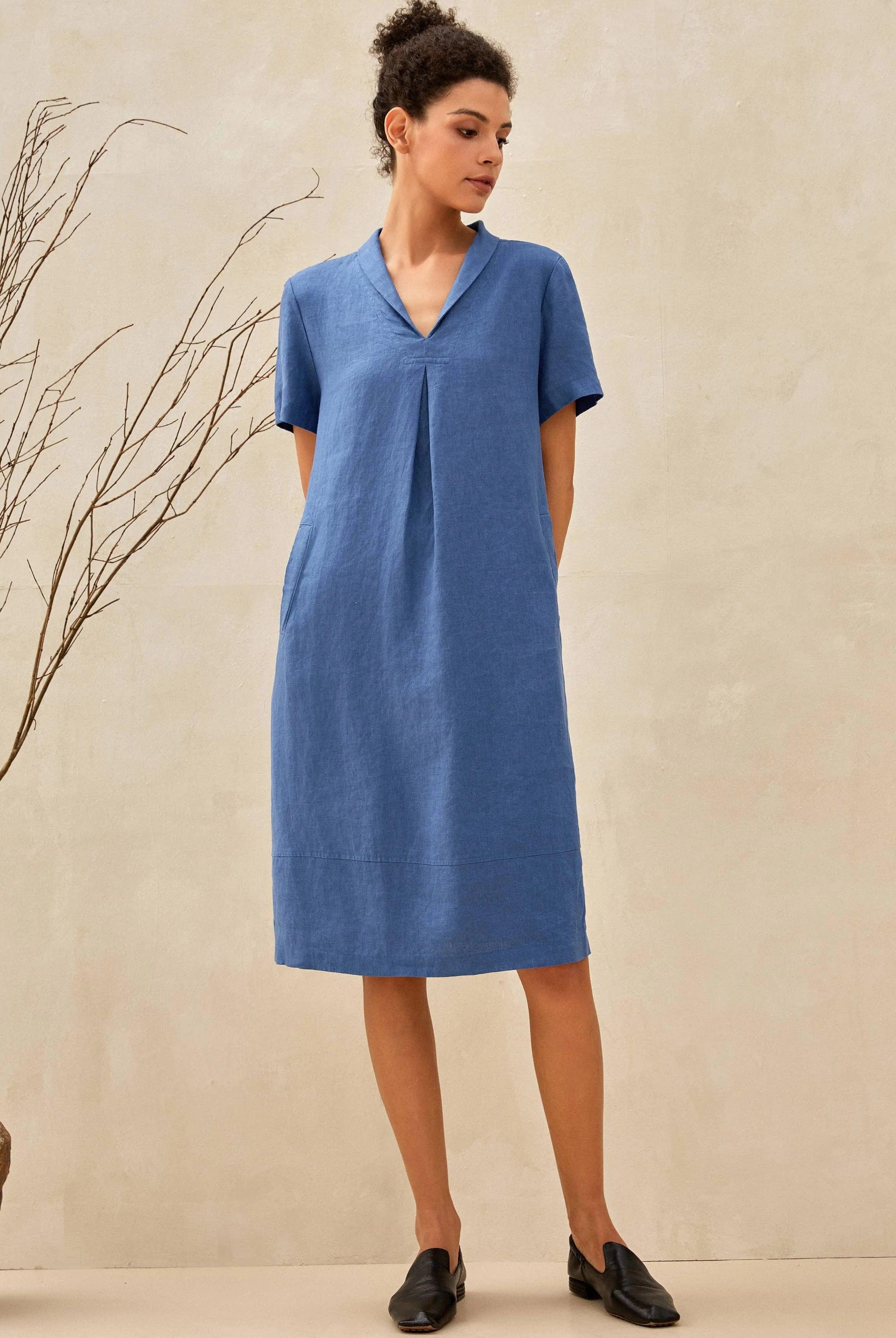100% Linen Shawl V-Neck Midi Dress CLEO - DRESSES-Linen Mini