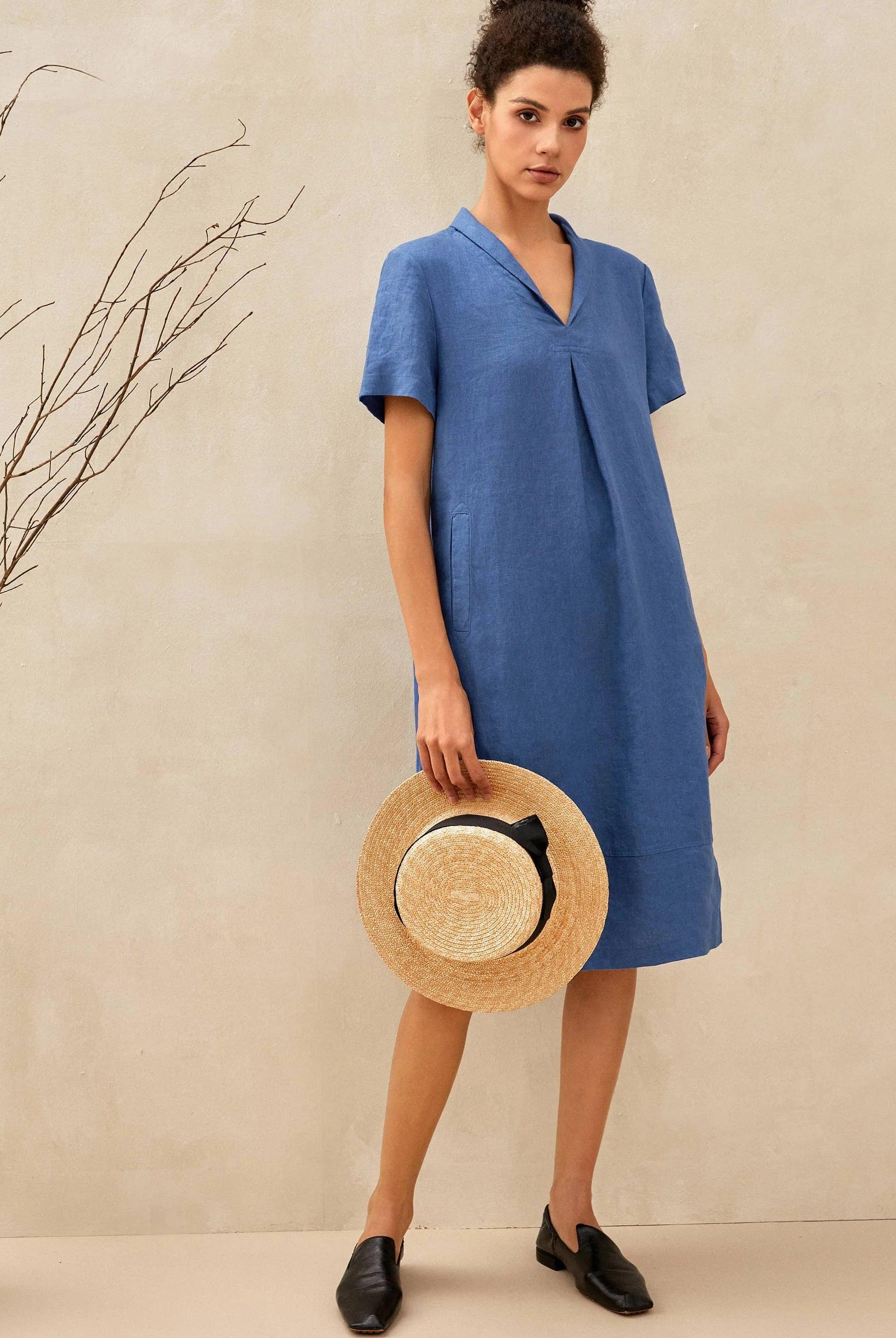 100% Linen Shawl V-Neck Midi Dress CLEO - Royal Blue / S - DRESSES-Linen Mini