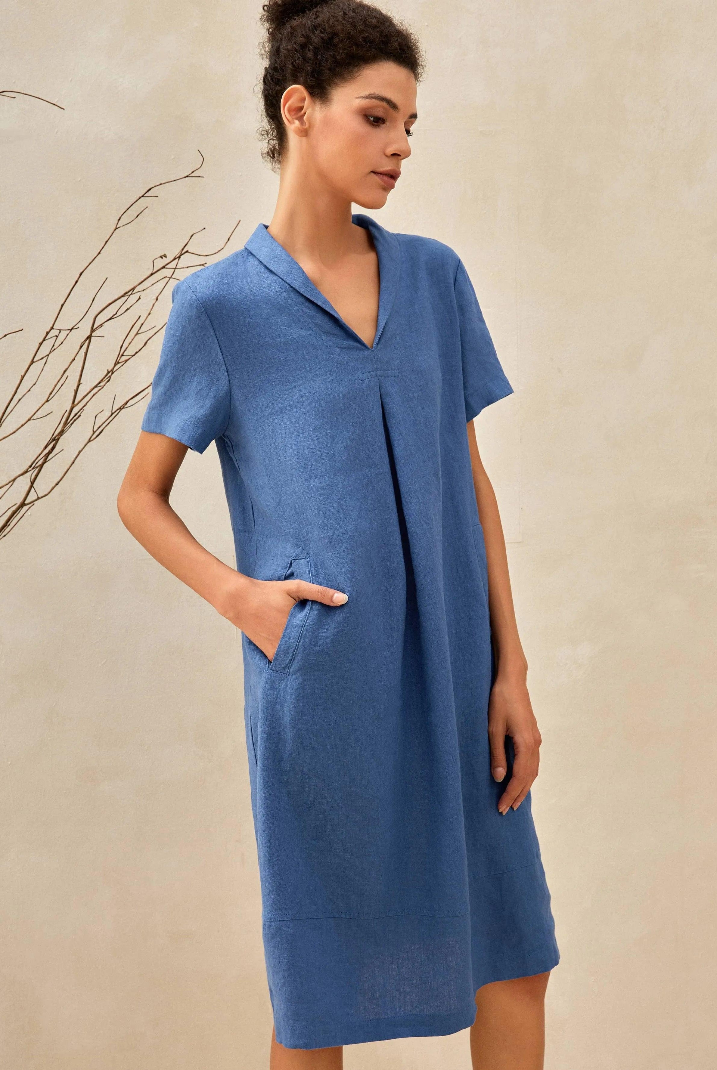 100% Linen Shawl V-Neck Midi Dress CLEO - DRESSES-Linen Mini