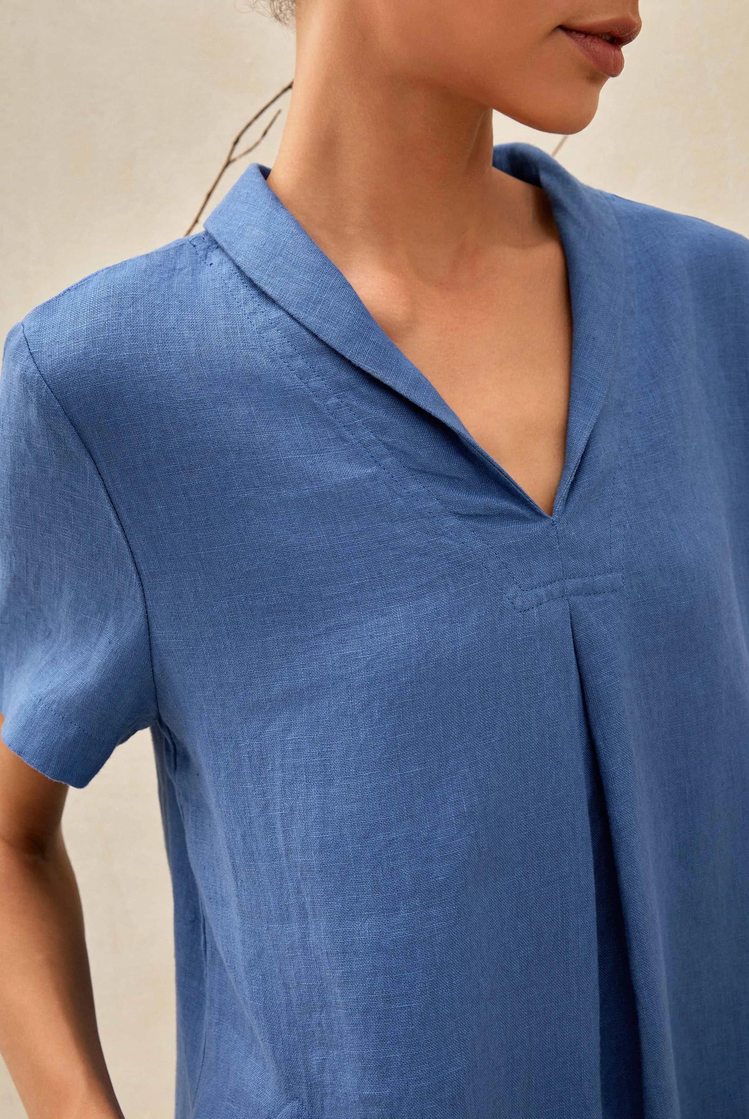 100% Linen Shawl V-Neck Midi Dress CLEO - DRESSES-Linen Mini