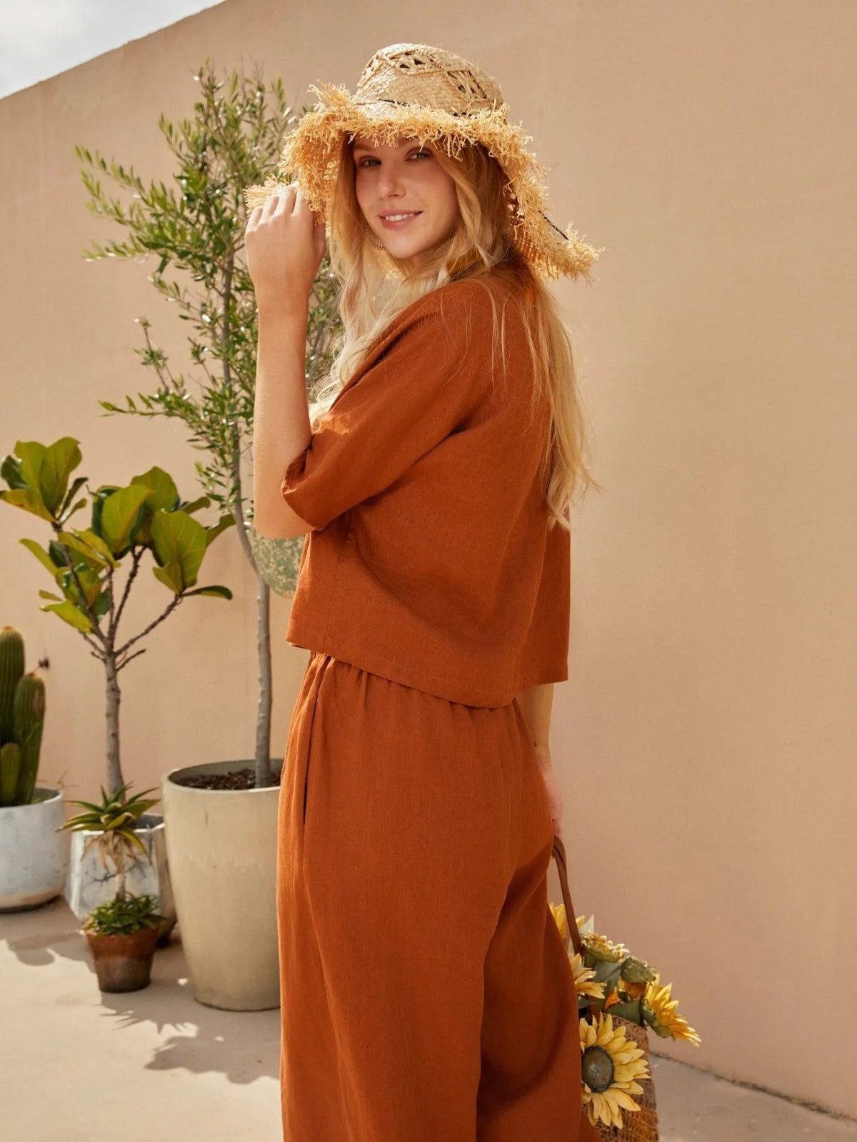 100% Linen Short Sleeve Top High Waist Wide Leg Pants Two-Piece Set NEVE - SETS-Linen Sets