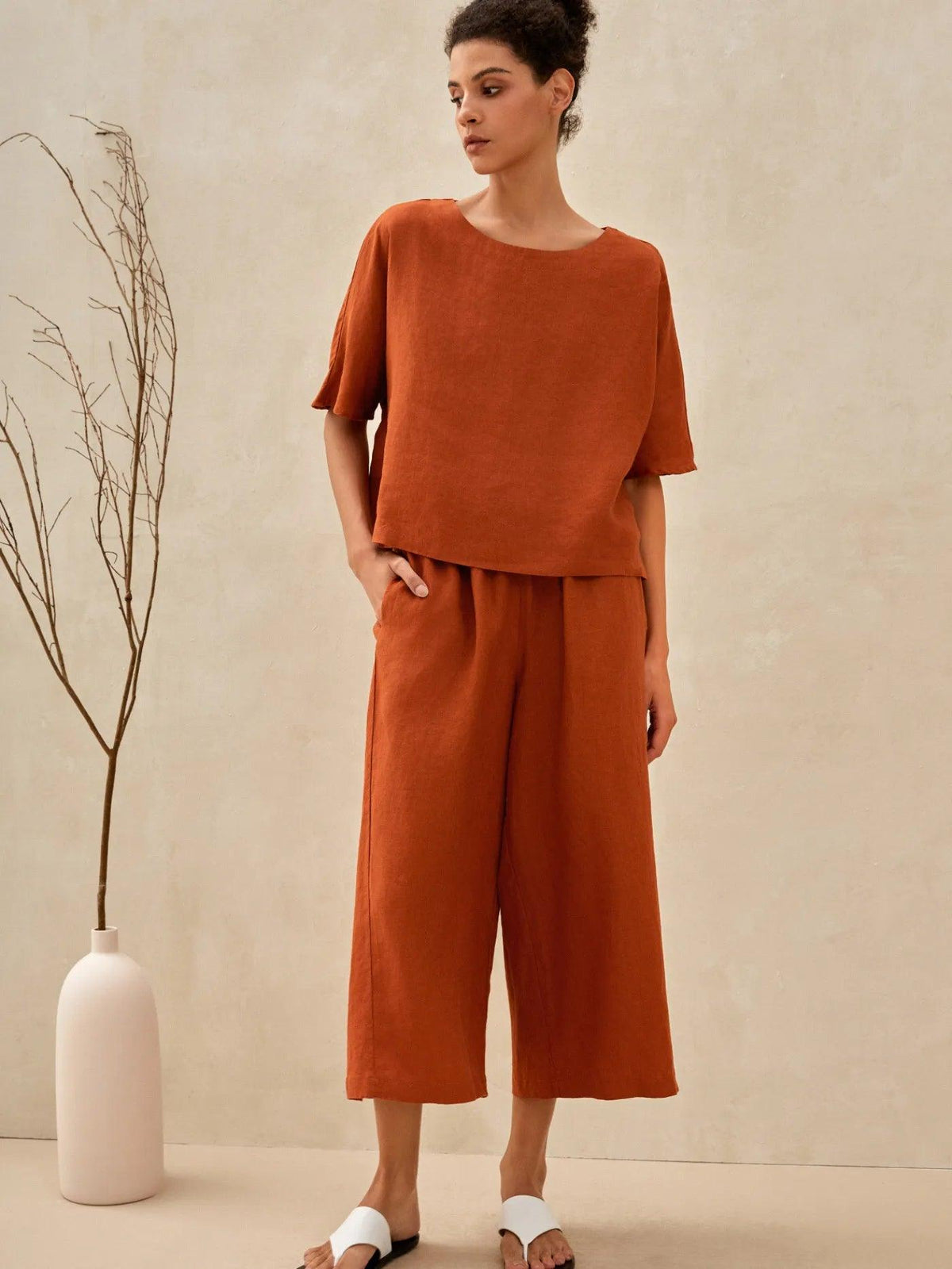 100% Linen Short Sleeve Top High Waist Wide Leg Pants Two-Piece Set NEVE - SETS-Linen Sets